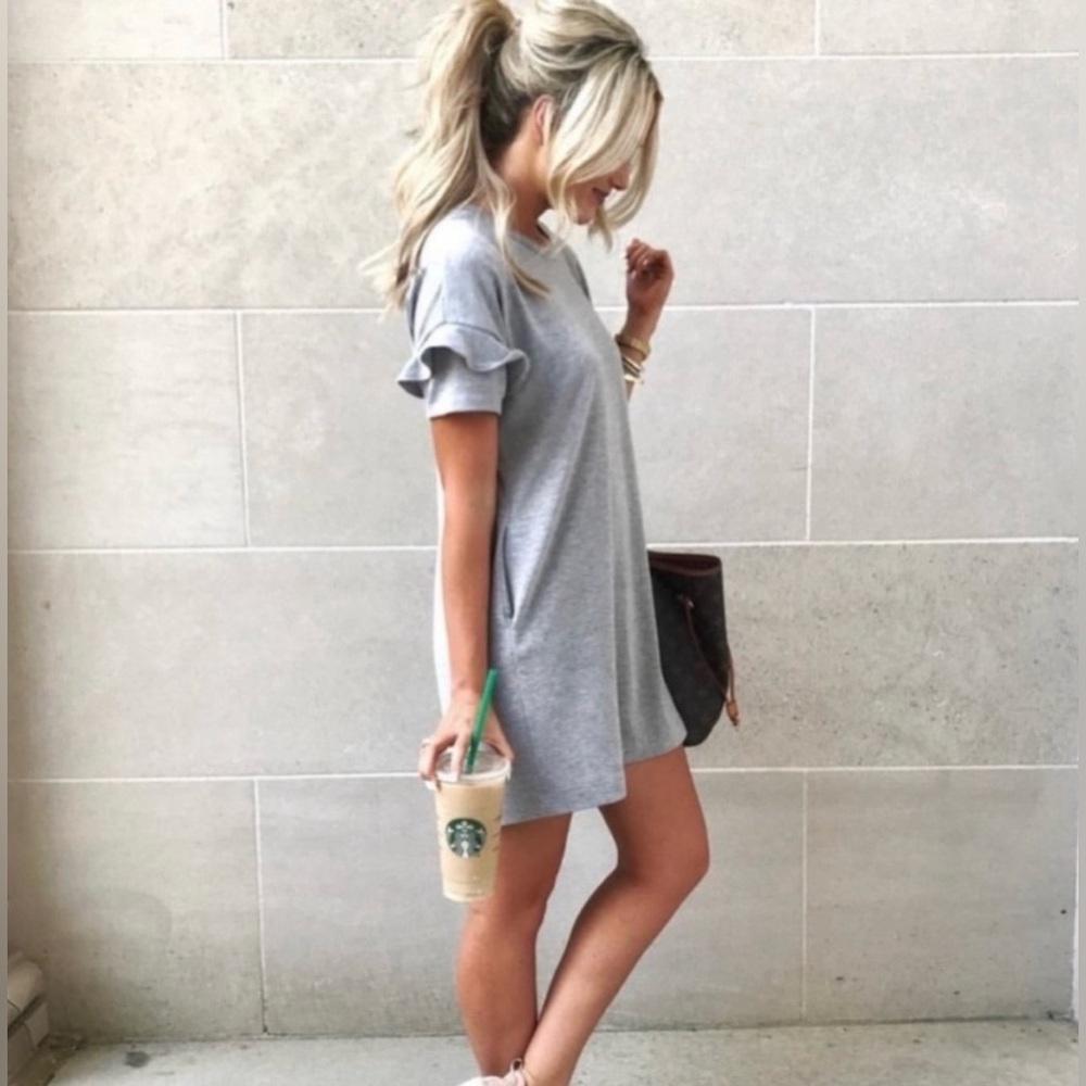 LUSH Gray Short Sleeve T-shirt Dress, Ruffle SleeveS, French Terry, Size S